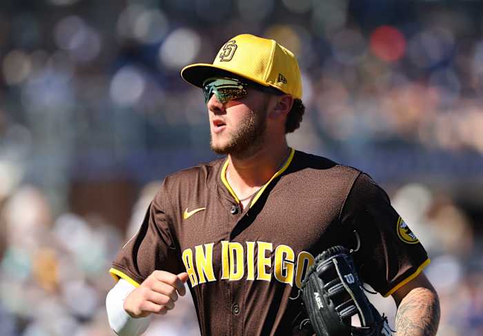 Feb 22, 2024; Peoria, Arizona, USA; San Diego Padres outfielder Jackson Merrill against the Los Angeles Dodgers during a spring training game at Peoria Sports Complex.